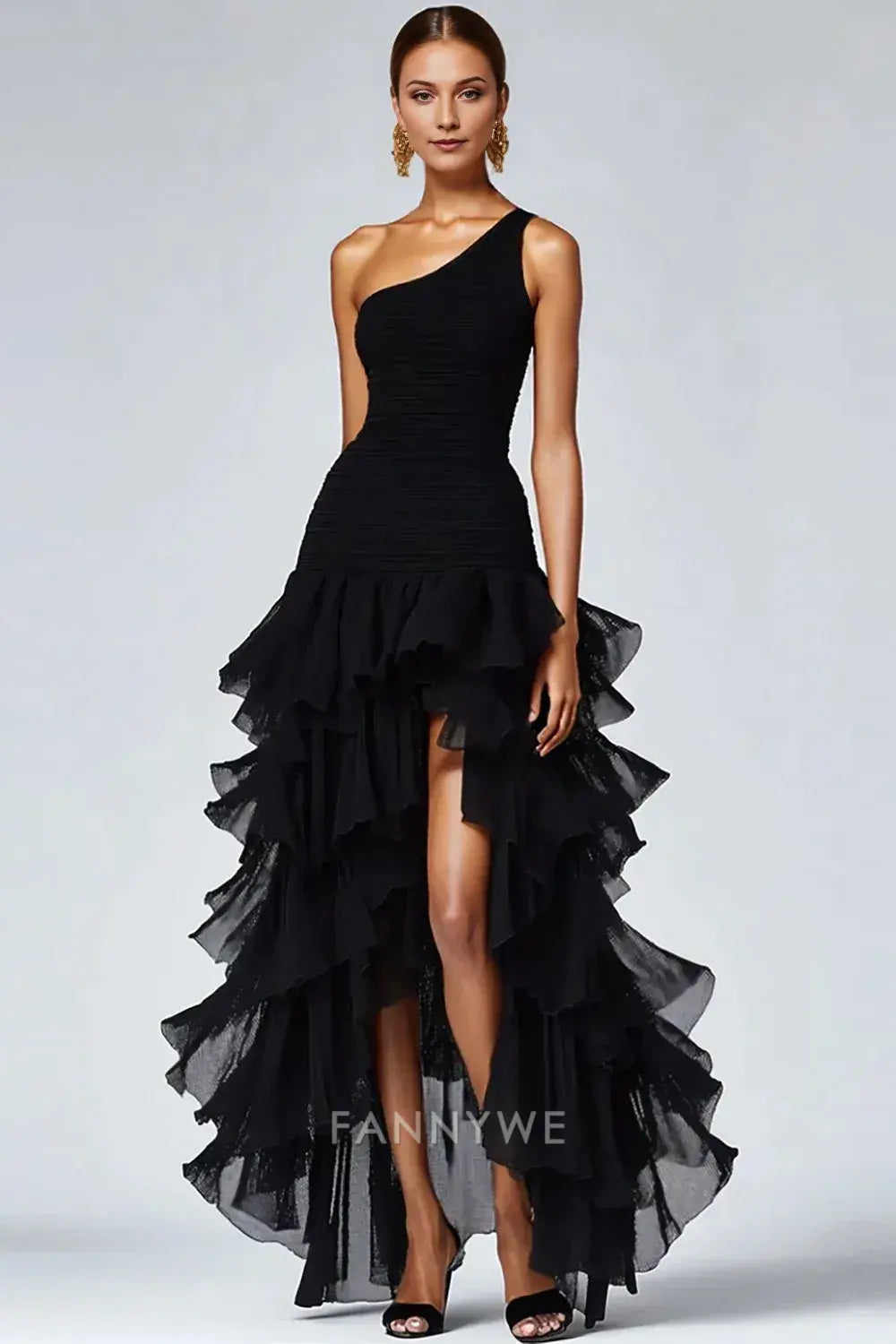 FannyWe Simple Evening Dresses Black Organza One Shoulder A Line High Low Formal Dress with Ruffles hot sale